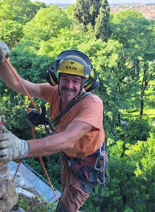 Man in climbing gear with yellow helmet smiling while rock climbing with forested valley landscape in background