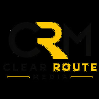 Clear Route Media logo featuring a large yellow R with black text on a transparent background