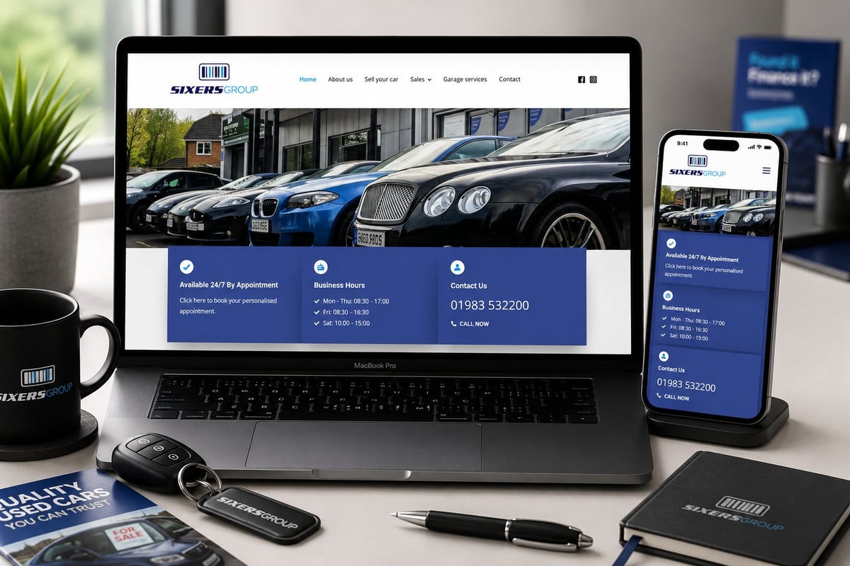 Laptop and mobile phone displaying luxury car dealership website with multiple vehicles and contact information on desk