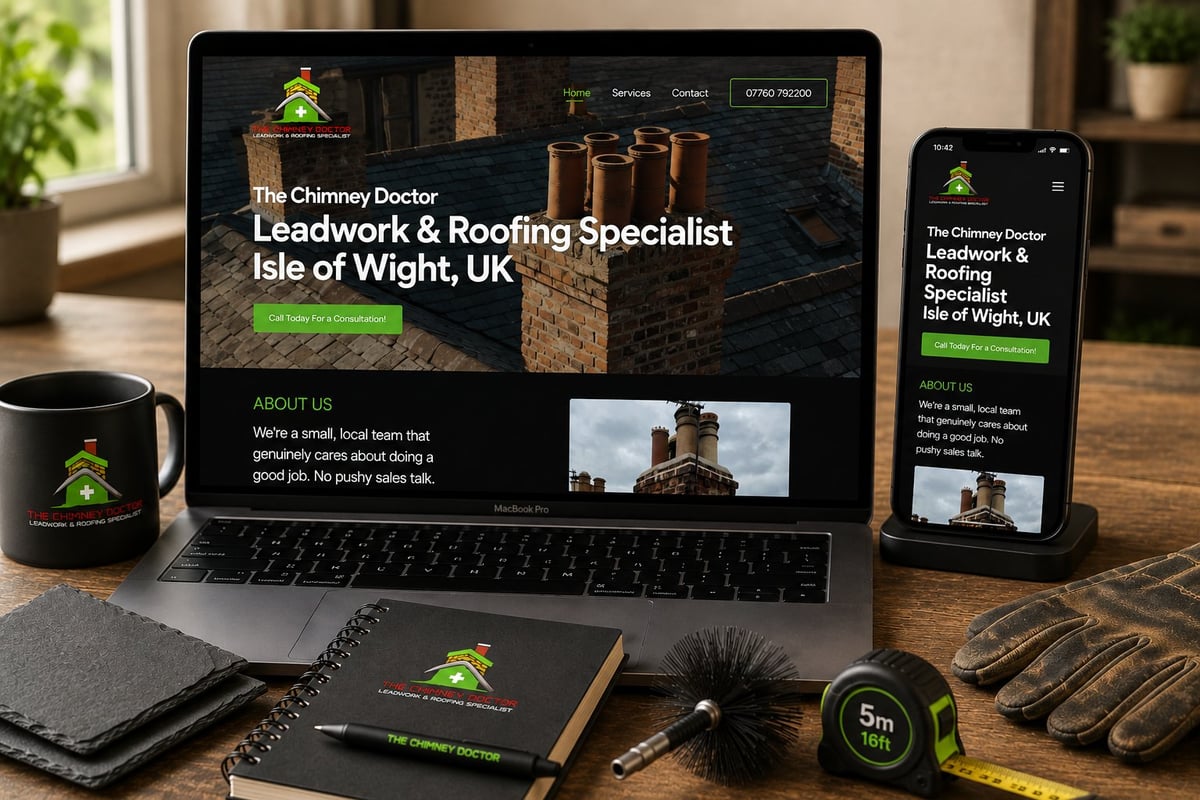 The Chimney Doctor website displayed on laptop and mobile phone, showing leadwork and roofing specialist services for Isle of Wight, UK