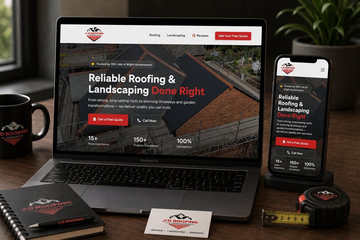 Laptop and mobile phone displaying responsive website design for Reliable Roofing and Landscaping service company on desk