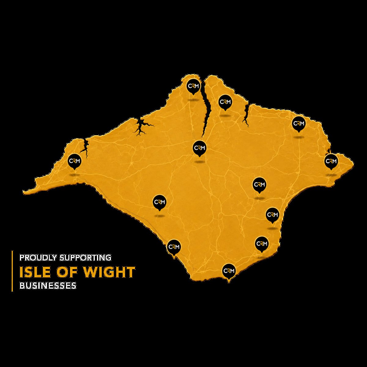 Yellow map of Isle of Wight with business location markers and supporting businesses label on black background