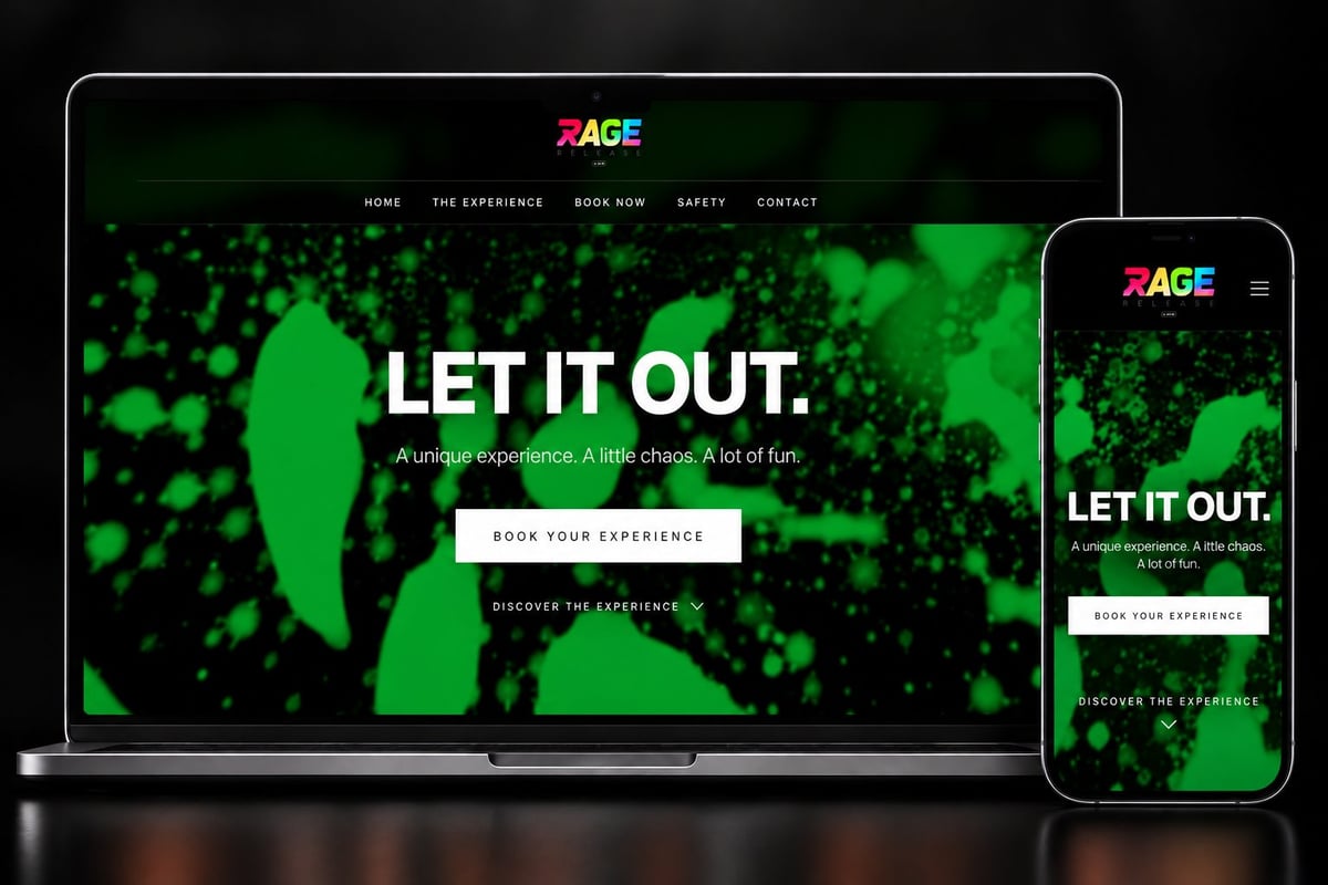 RAGE website displaying on desktop and mobile devices with green glowing design and Let It Out tagline