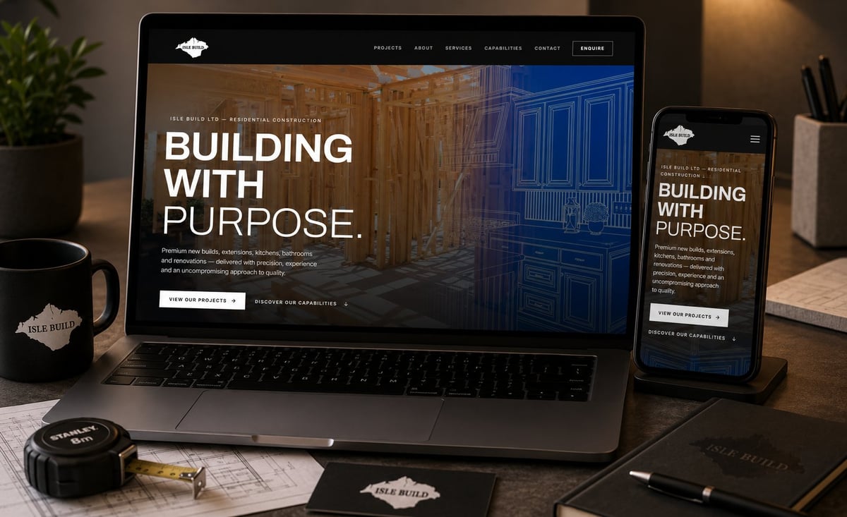 Laptop and smartphone displaying responsive design of Building with Purpose website featuring architectural imagery and navigation menu