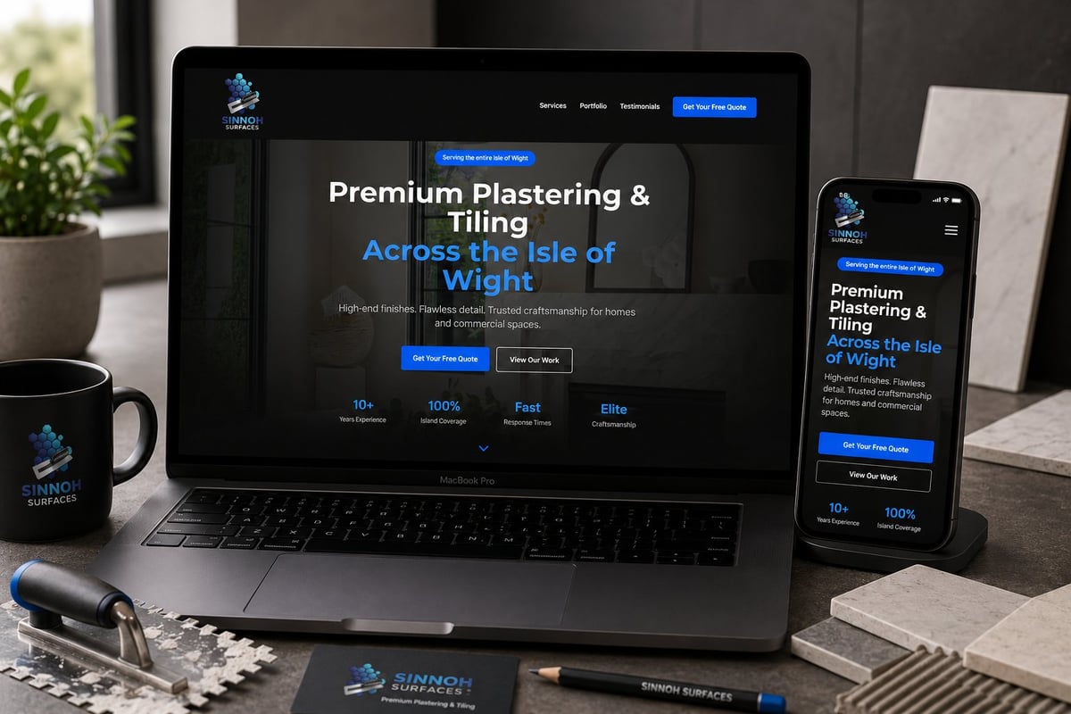 Responsive website design mockup for Premium Plastering & Tiling service displayed on laptop and mobile phone screens on desk