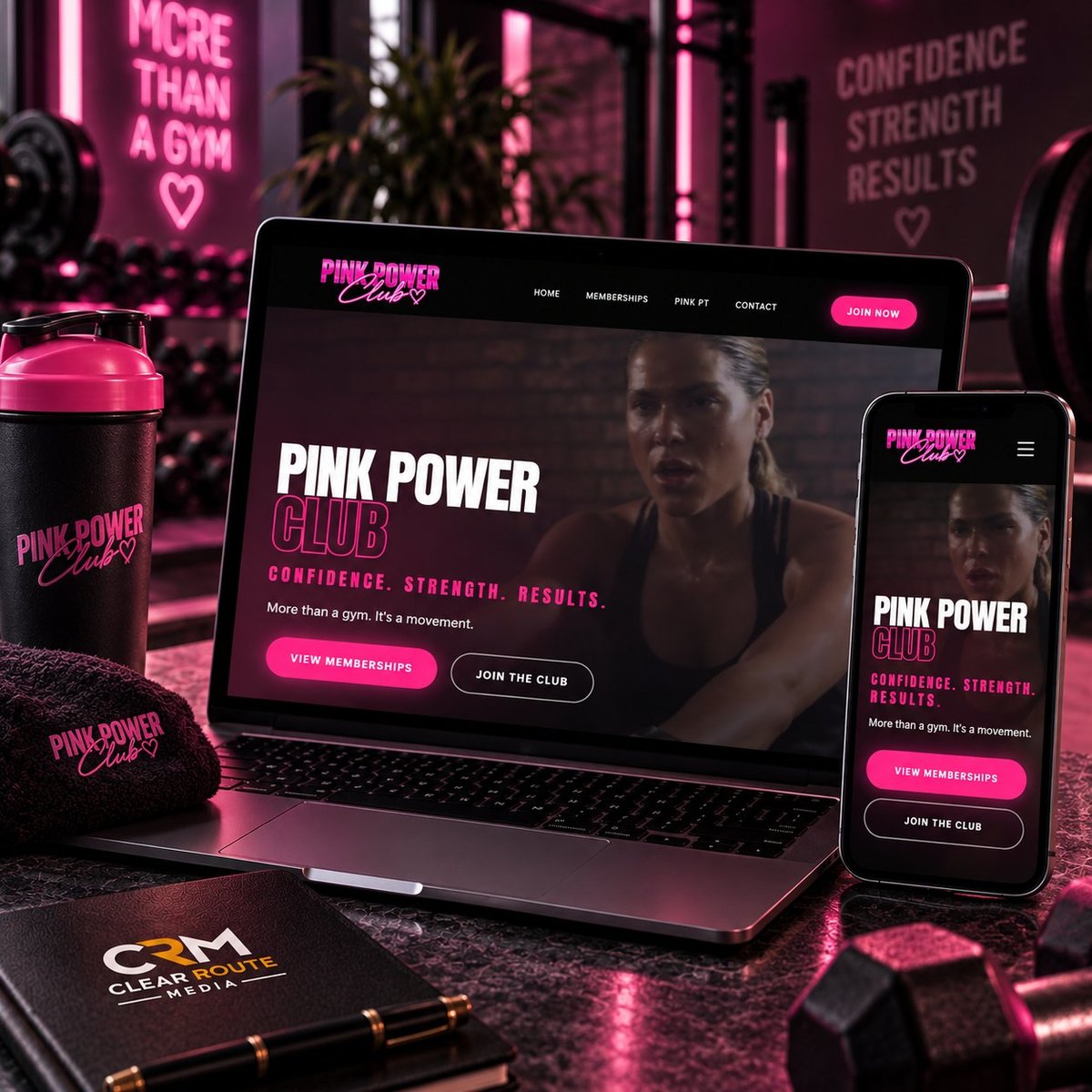 Pink Power Club fitness website displayed on laptop and smartphone with neon signage in background