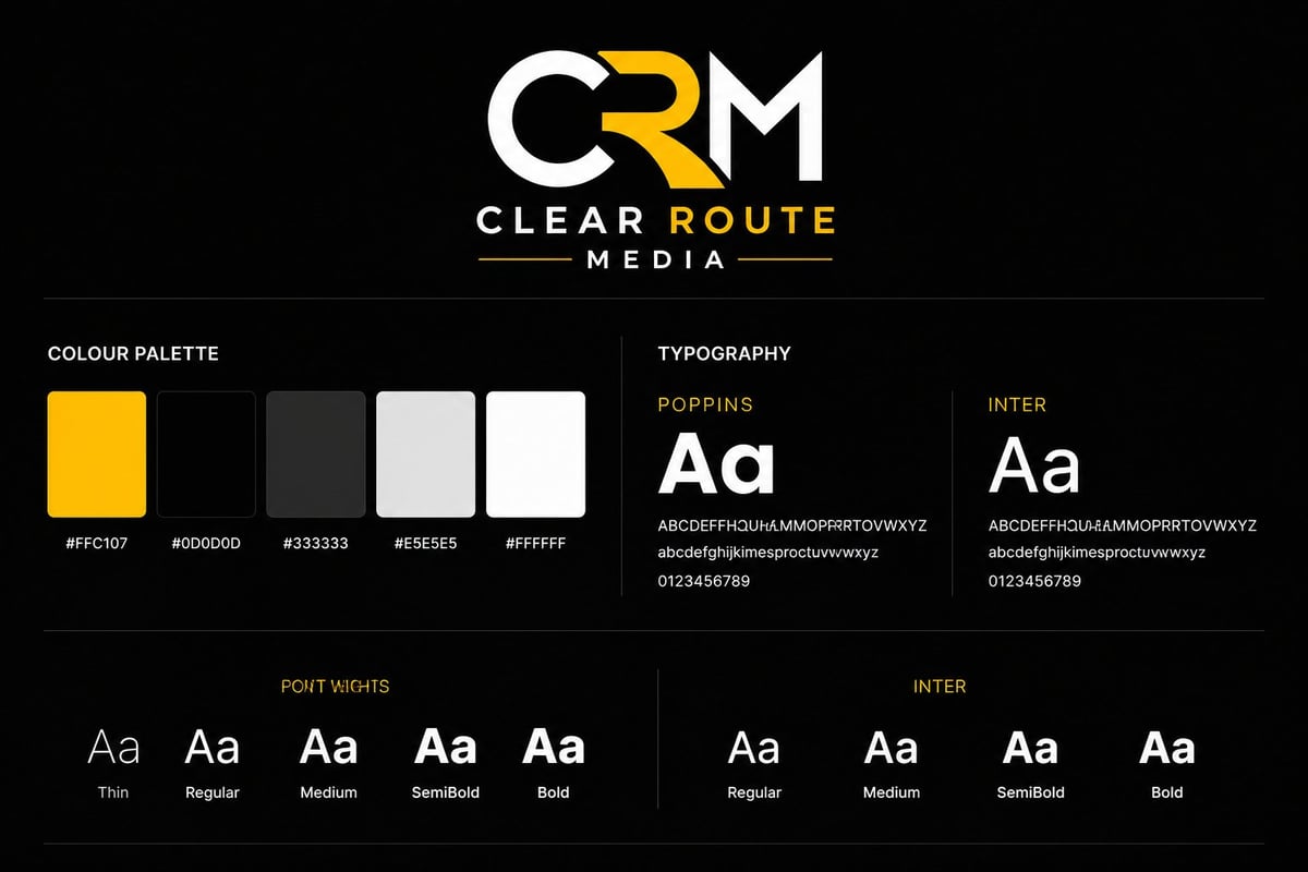 Clear Route Media brand guidelines showing logo, color palette with yellow and grayscale swatches, and typography options in Poppins and Inter fonts