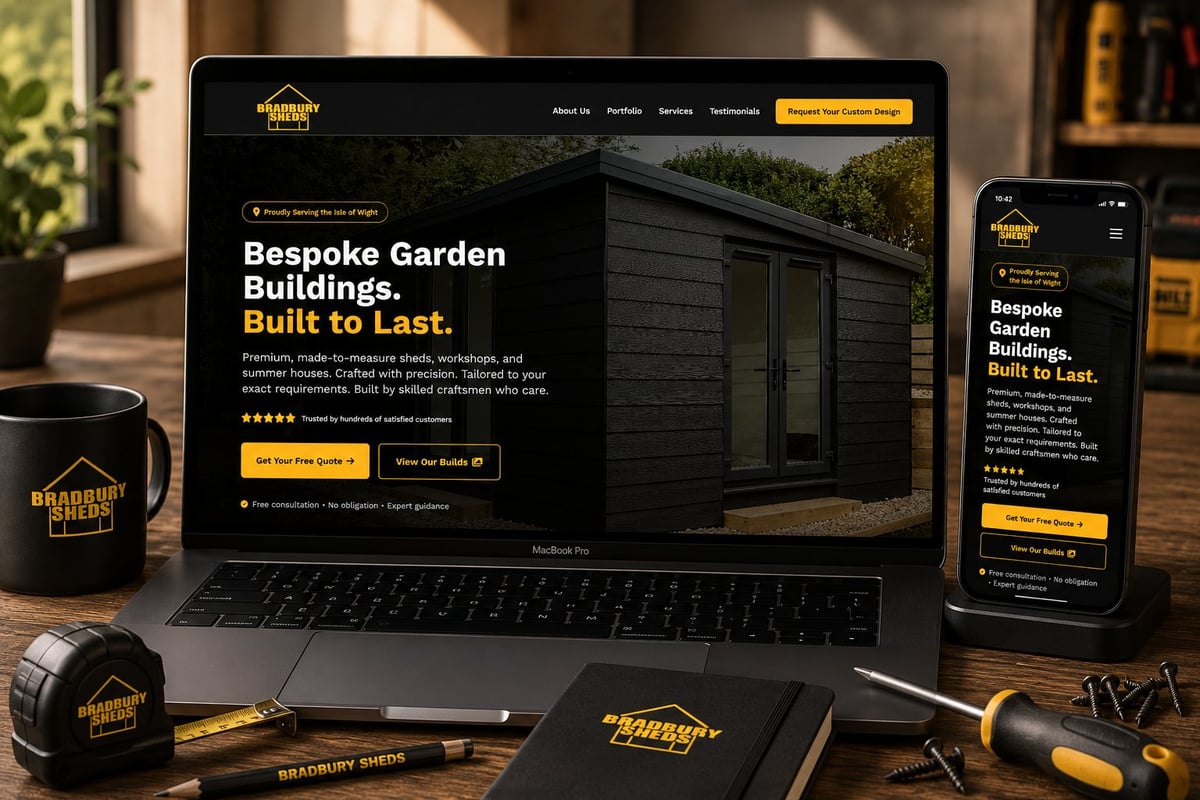 Laptop and mobile phone displaying Bespoke Garden Buildings website with dark theme, wooden desk with branded merchandise and tools