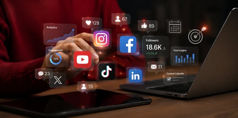 Person holding smartphone surrounded by glowing social media icons including Instagram, Facebook, YouTube, TikTok, and LinkedIn