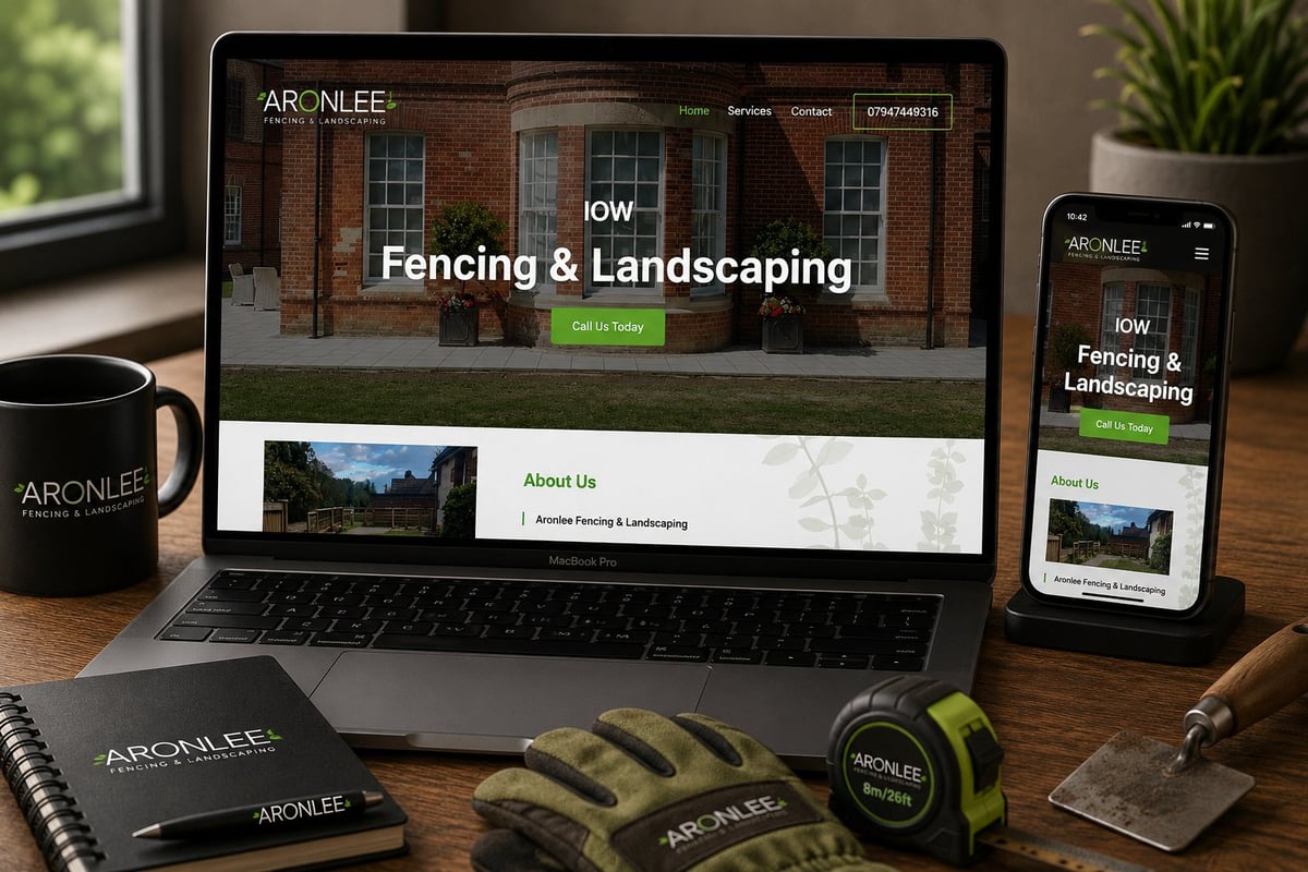 Laptop and smartphone displaying Argonlee Fencing and Landscaping website on desk with branded merchandise including mug, notebook, and tape