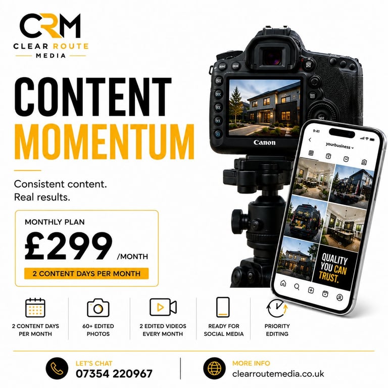 Clear Route Media Content Momentum pricing plan showing £299/month with Canon camera and smartphone displaying property photography portfolio