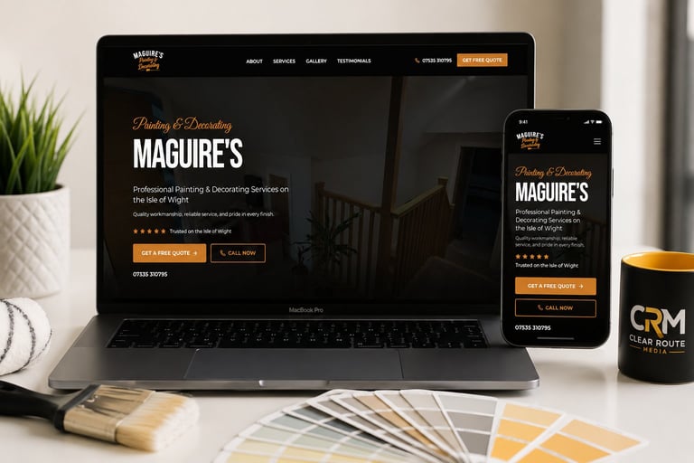 Maguires website displayed on laptop and smartphone mockup with paint samples and design tools on desk