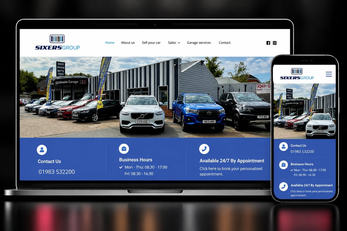 Sixers Group car dealership website displayed on desktop and mobile devices showing vehicles and contact information