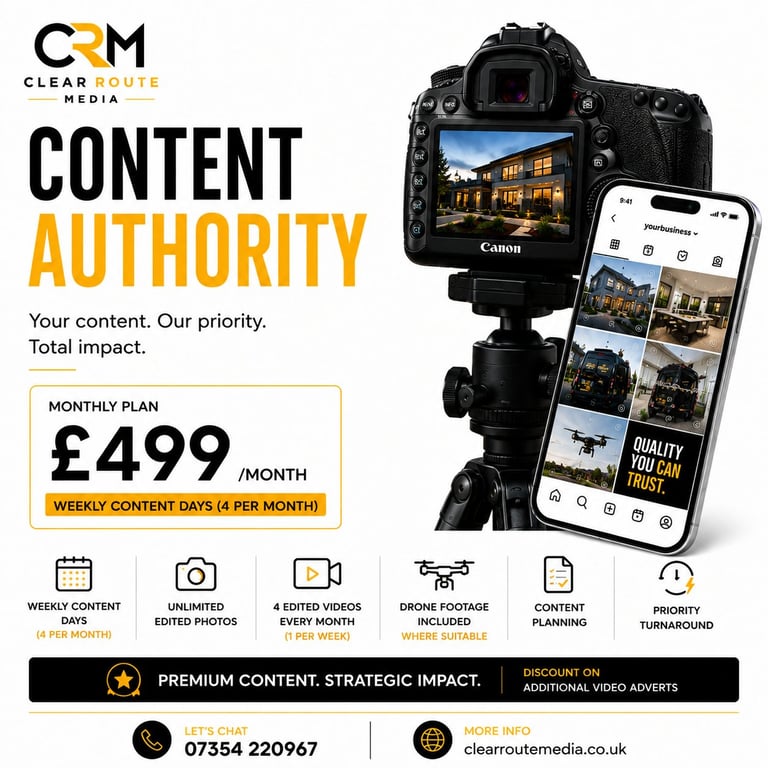 Clear Route Media content creation service pricing poster showing Canon camera and smartphone displaying photo gallery with £499 monthly plan details