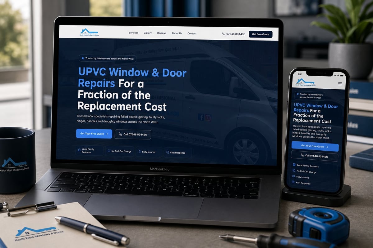 Laptop and smartphone displaying UPVC Window and Door Repair website on a desk with office supplies and plant