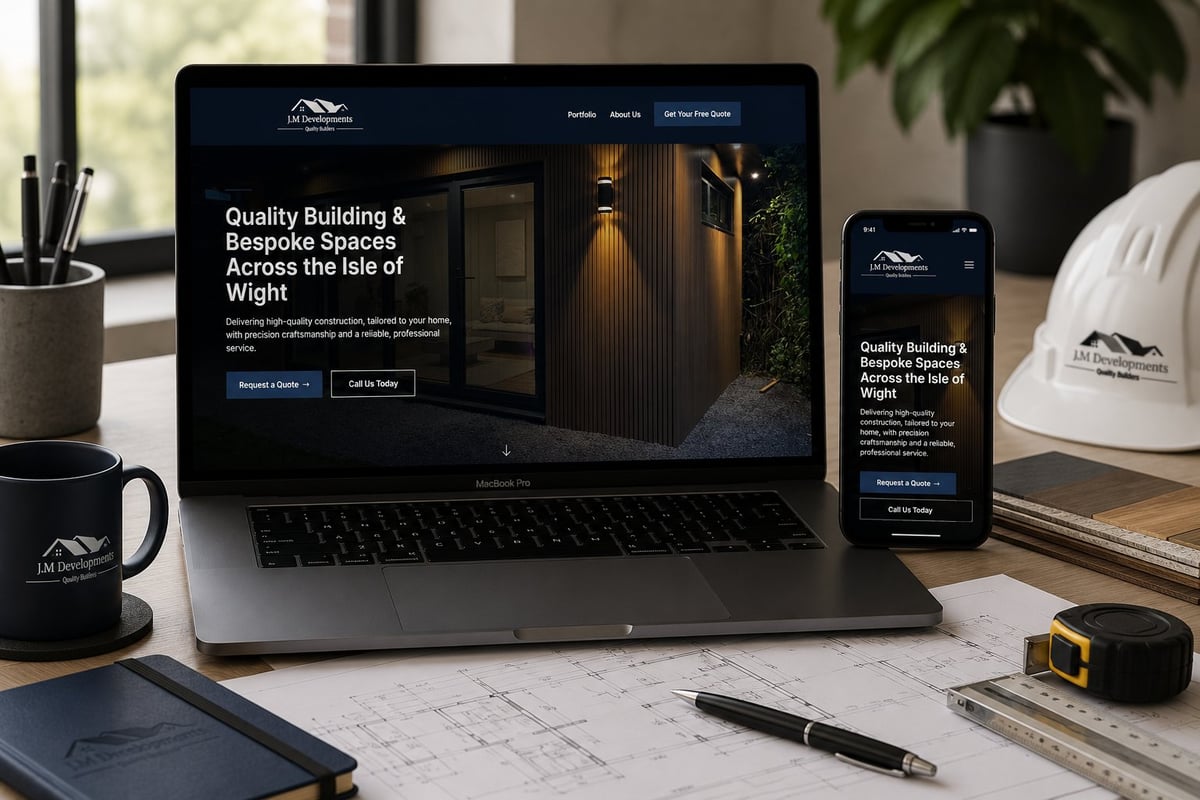 Website displayed on laptop and smartphone showing quality building and bespoke spaces design portfolio on a desk with architectural blueprints and work materials