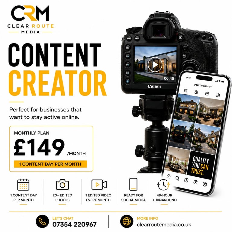 Clear Route Media content creator service ad showing Canon camera and smartphone displaying edited photos with £149 monthly plan details