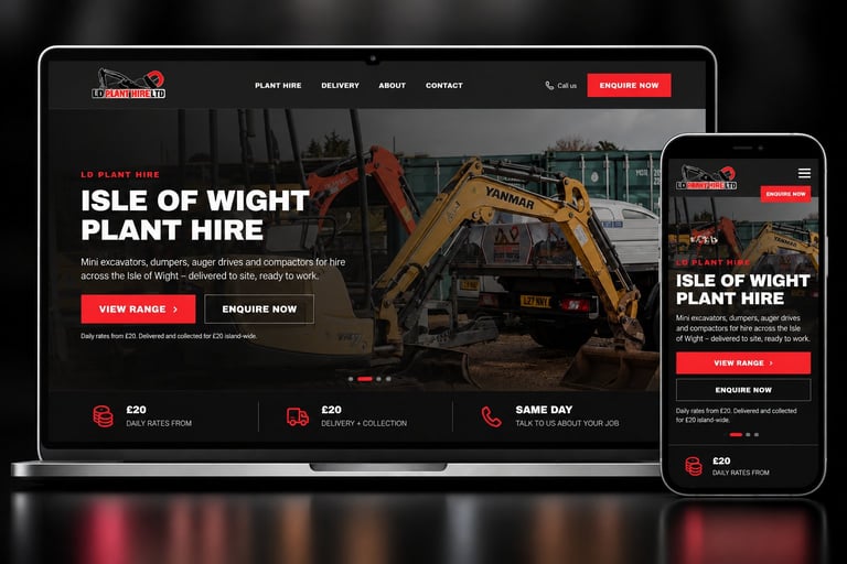 Responsive website mockup for Isle of Wight Plant Hire showing desktop and mobile layouts
