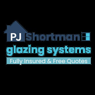 PJ Shortman Glazing Systems logo with house icon, advertising fully insured and free quotes