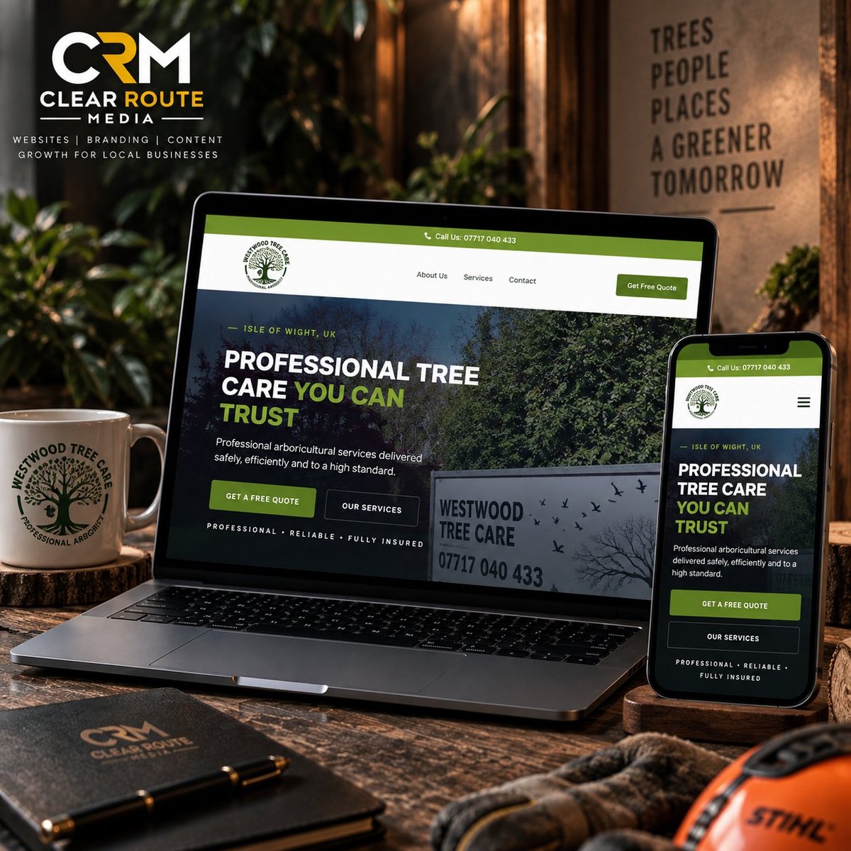 Responsive website design mockup for professional tree care service displayed on laptop and mobile phone with office desk setup