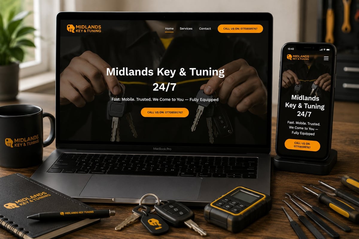 Midlands Key & Tuning website displayed on laptop and mobile device, surrounded by branded merchandise and locksmith tools on wooden desk