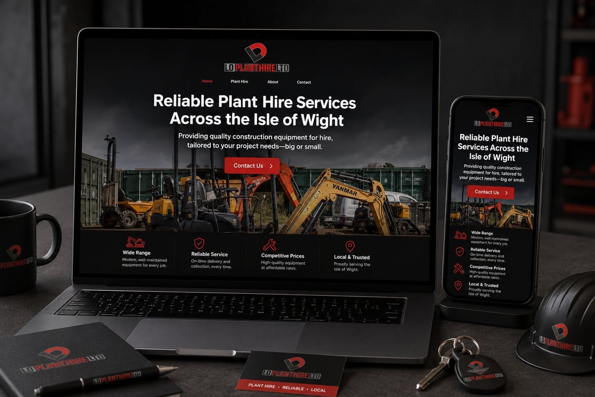 Laptop and mobile phone displaying a plant hire services website with heavy machinery and dark professional branding