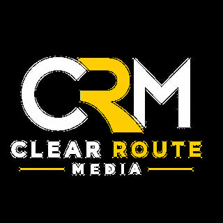 CRM Clear Route Media logo with white and yellow letters on black background