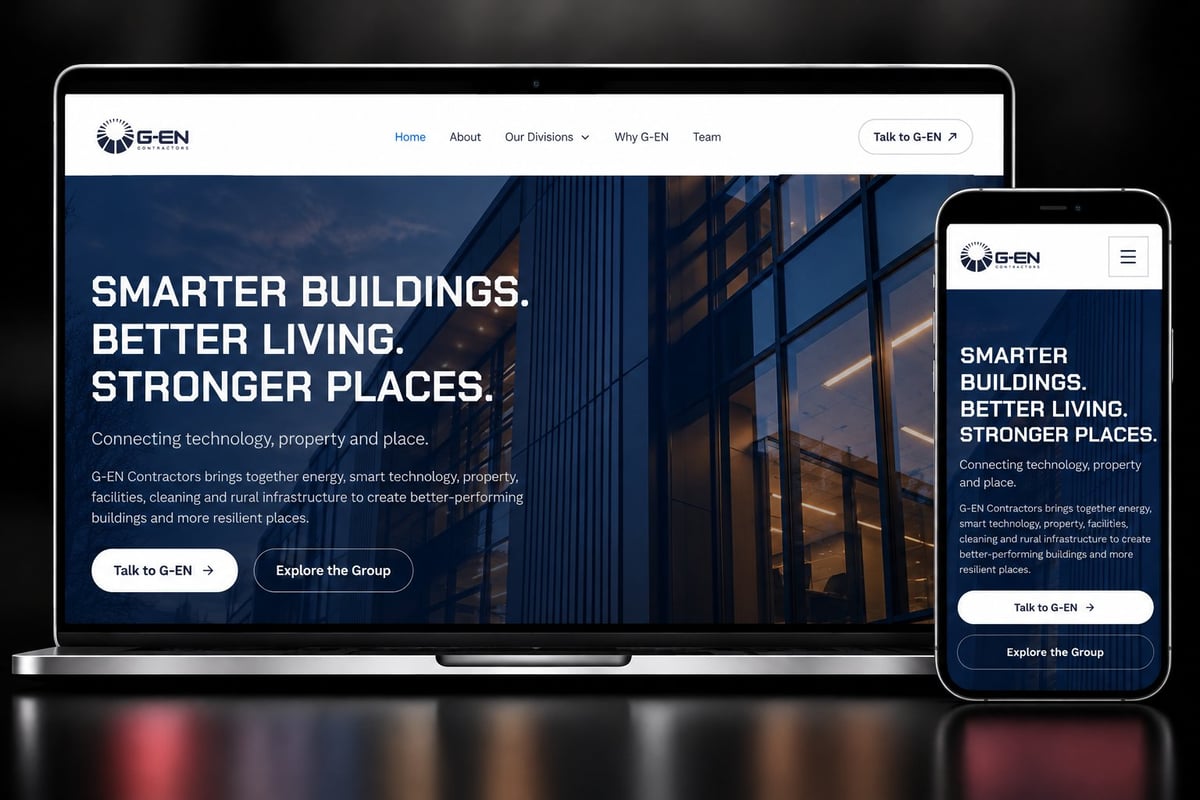 Responsive website design for smart building company shown on laptop and mobile devices