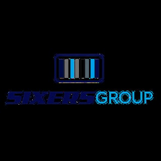 Sixers Group logo featuring a blue-bordered rectangular icon with vertical colored bars above the company name