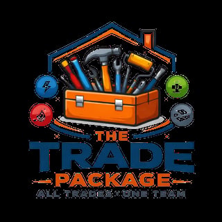 The Trade Package logo featuring an orange toolbox with various hand tools, a blue roof frame, and colorful skill badges with the tagline All Trades One Team