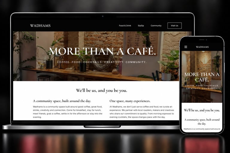 Wadhams cafe website displayed on desktop and mobile devices showing a community space with warm interior