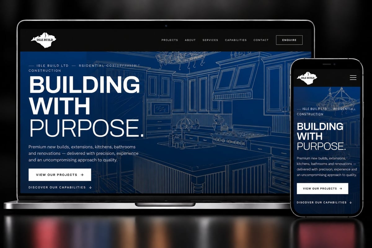 Responsive website design showing Building with Purpose architecture firm homepage on desktop and mobile devices