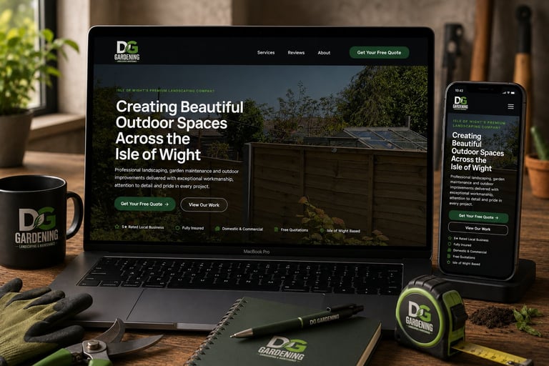 DG Gardening website displayed on laptop and mobile phone showing outdoor garden design services on Isle of Wight