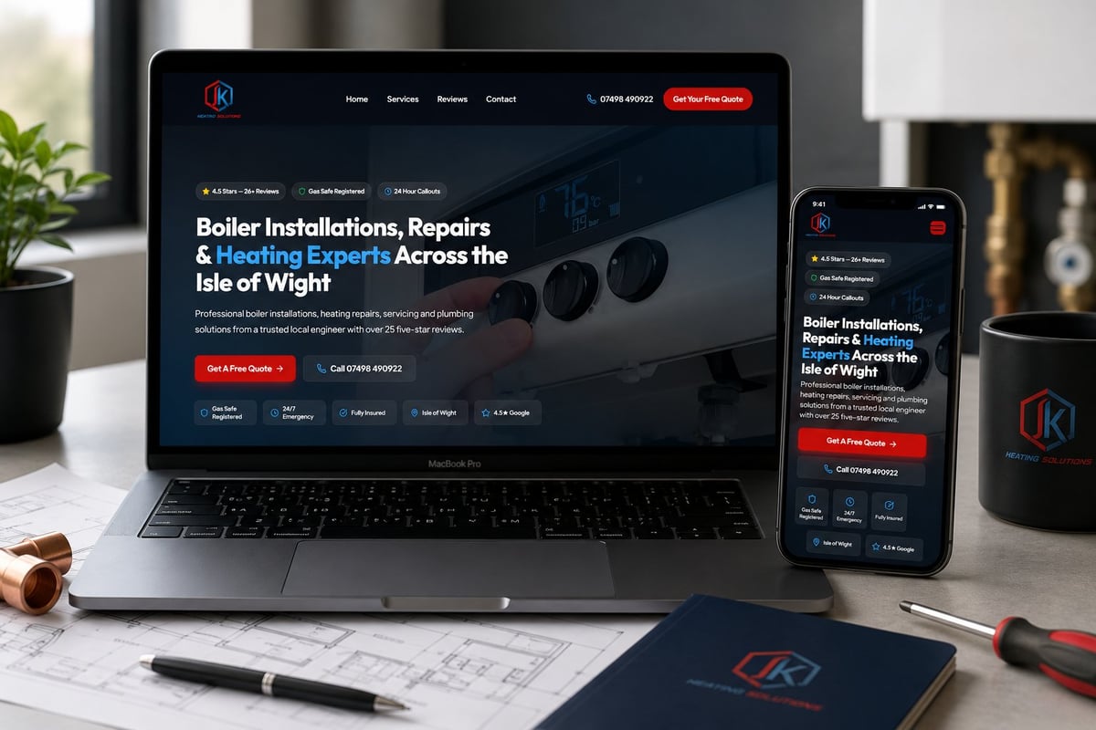 Website displayed on laptop and mobile phone showing boiler installation and repair services for Isle of Wight