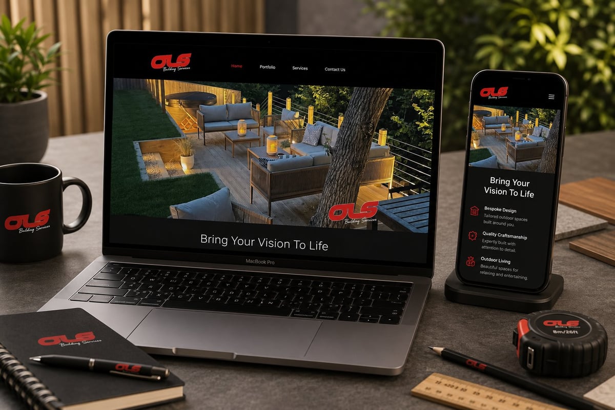 Laptop and smartphone displaying a modern furniture website with Bring Your Vision To Life tagline, shown on a desk with branded merchandise