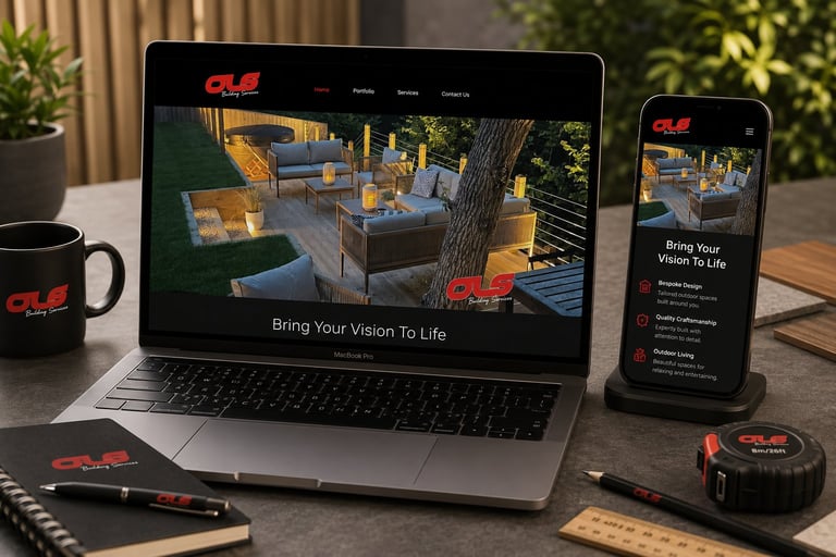 Laptop and smartphone displaying a modern furniture website with Bring Your Vision To Life tagline, shown on a desk with branded merchandise