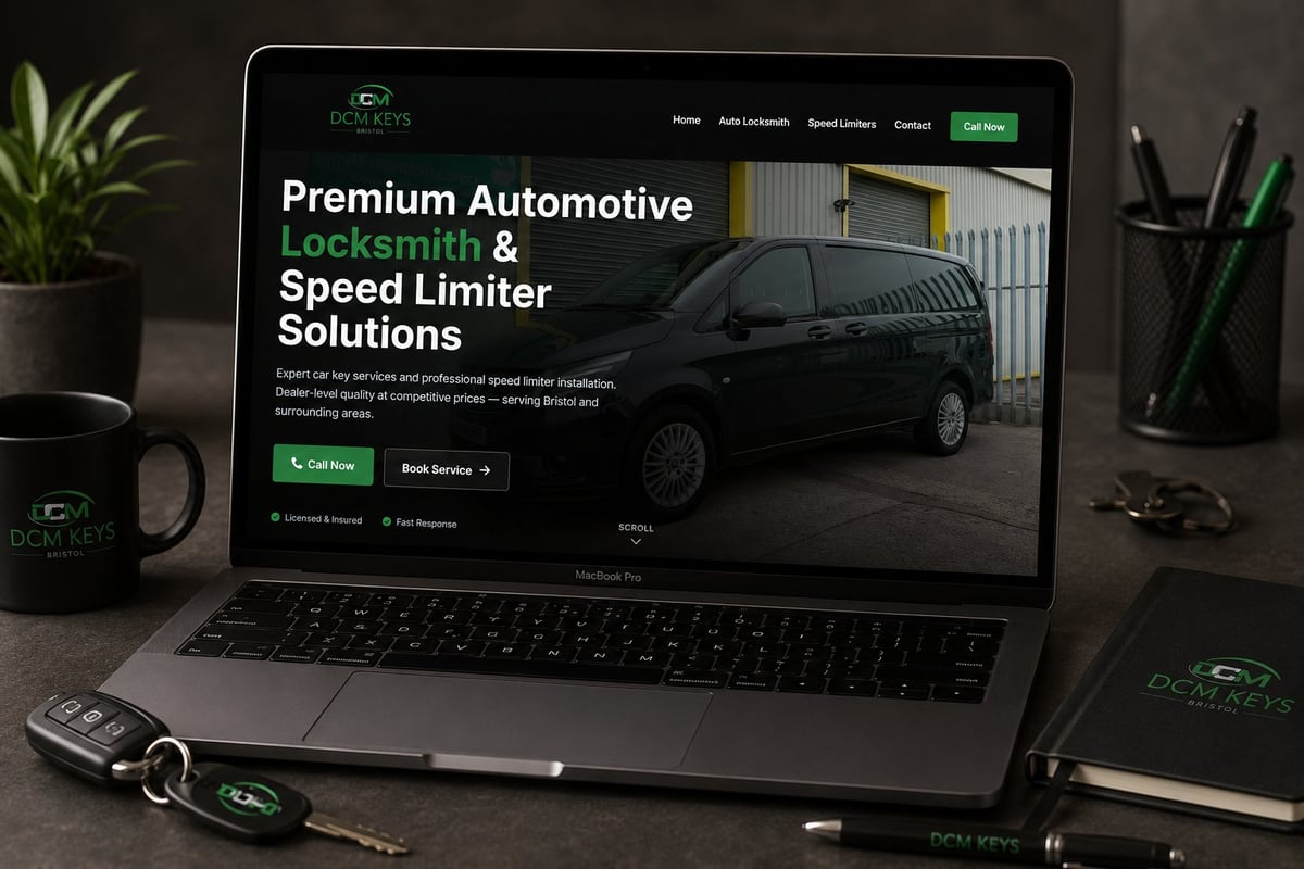 Laptop displaying a locksmith and speed limiter automotive services website with a dark car image, surrounded by branded merchandise on a desk