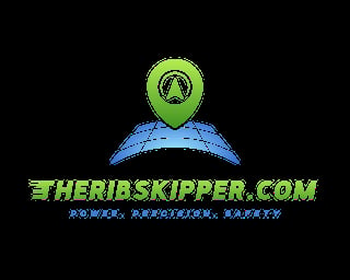 TheRibSkipper.com logo with green location pin and blue globe on black background