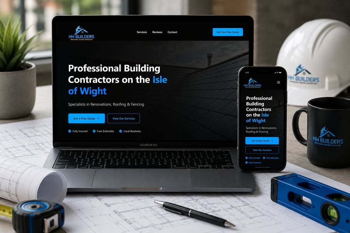 A laptop and smartphone displaying a responsive website for professional building contractors, surrounded by construction tools and blueprints on a desk.