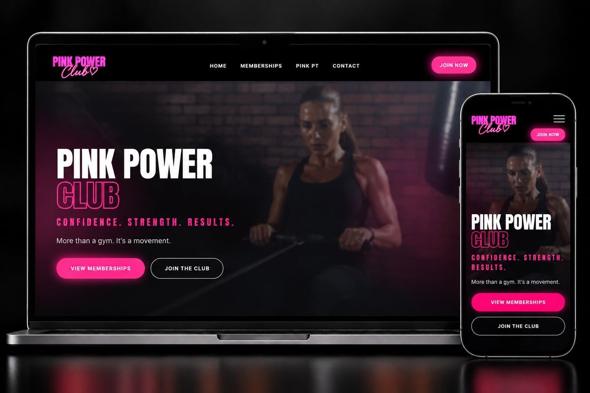 Pink Power Club fitness website displayed on laptop and mobile phone with call-to-action buttons