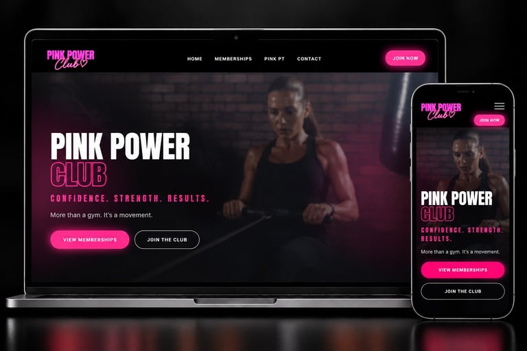 Pink Power Club fitness website displayed on laptop and mobile phone with call-to-action buttons