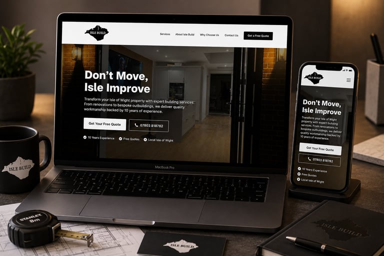 Website mockup displayed on laptop and smartphone showing Dont Move, Isle Improve branding