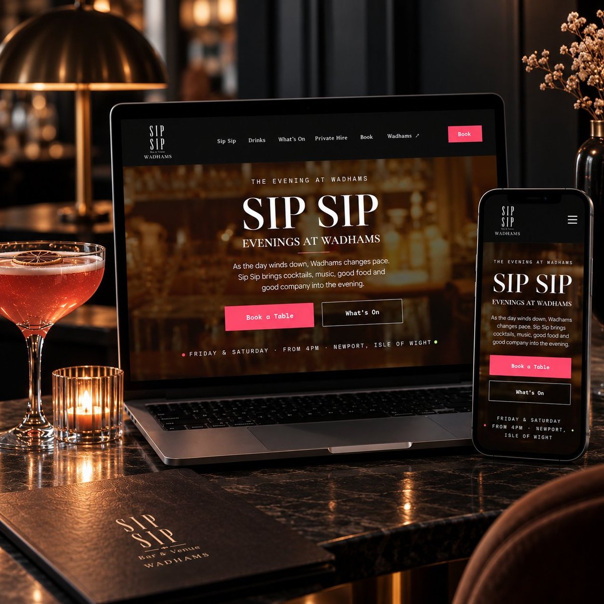 Laptop and smartphone displaying SIP SIP evening wine bar website with cocktail and candlelit ambiance