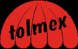 Red umbrella with Dollmex text and radiating panels design