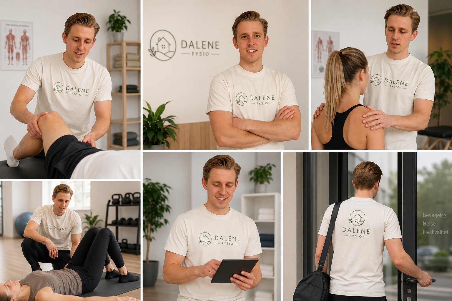 Collage of a male physical therapist in DALENE clinic branded shirt demonstrating various therapeutic techniques and exercises with patients in a modern wellness facility