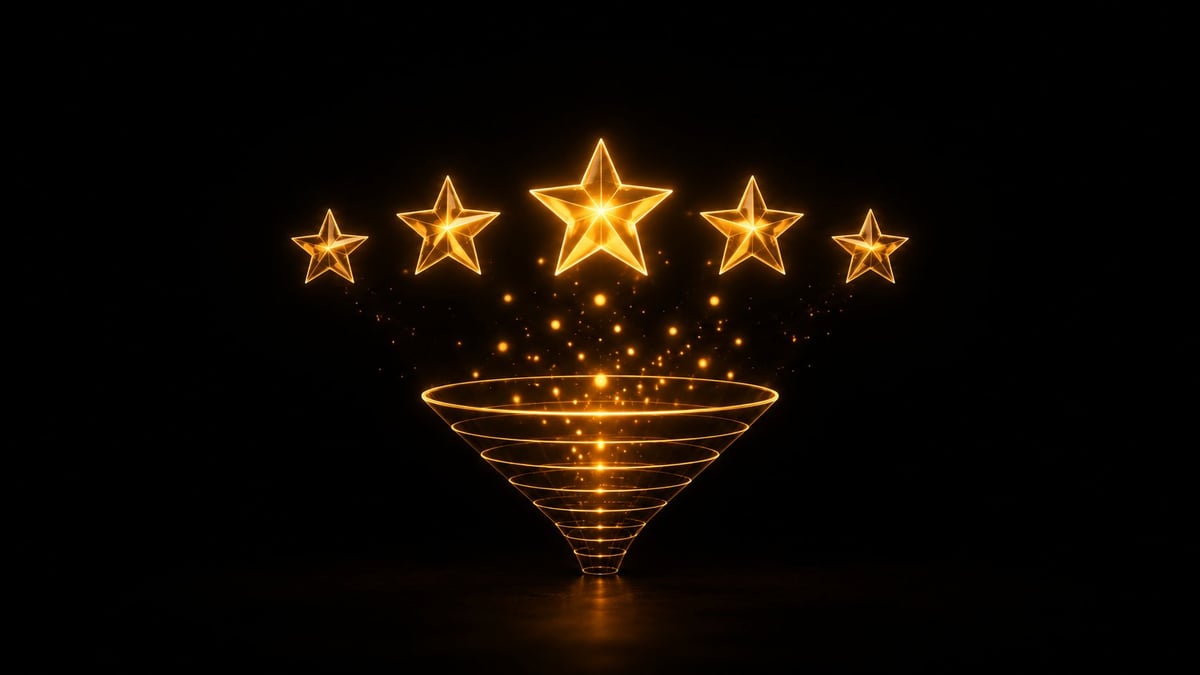 Five glowing golden stars above a glowing funnel with sparkles on black background
