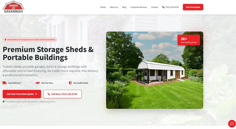 Premium storage shed and portable building website homepage showcasing a white garden shed on green lawn with customization options