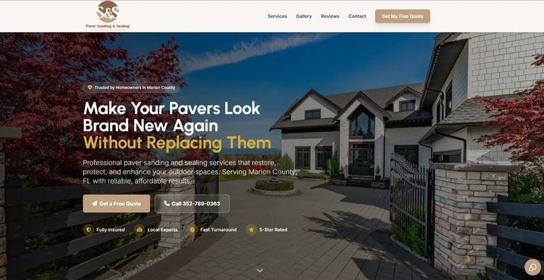 S&S Paver Sanding & Sealing contractor website hero section featuring modern home with beautiful driveway and landscaping