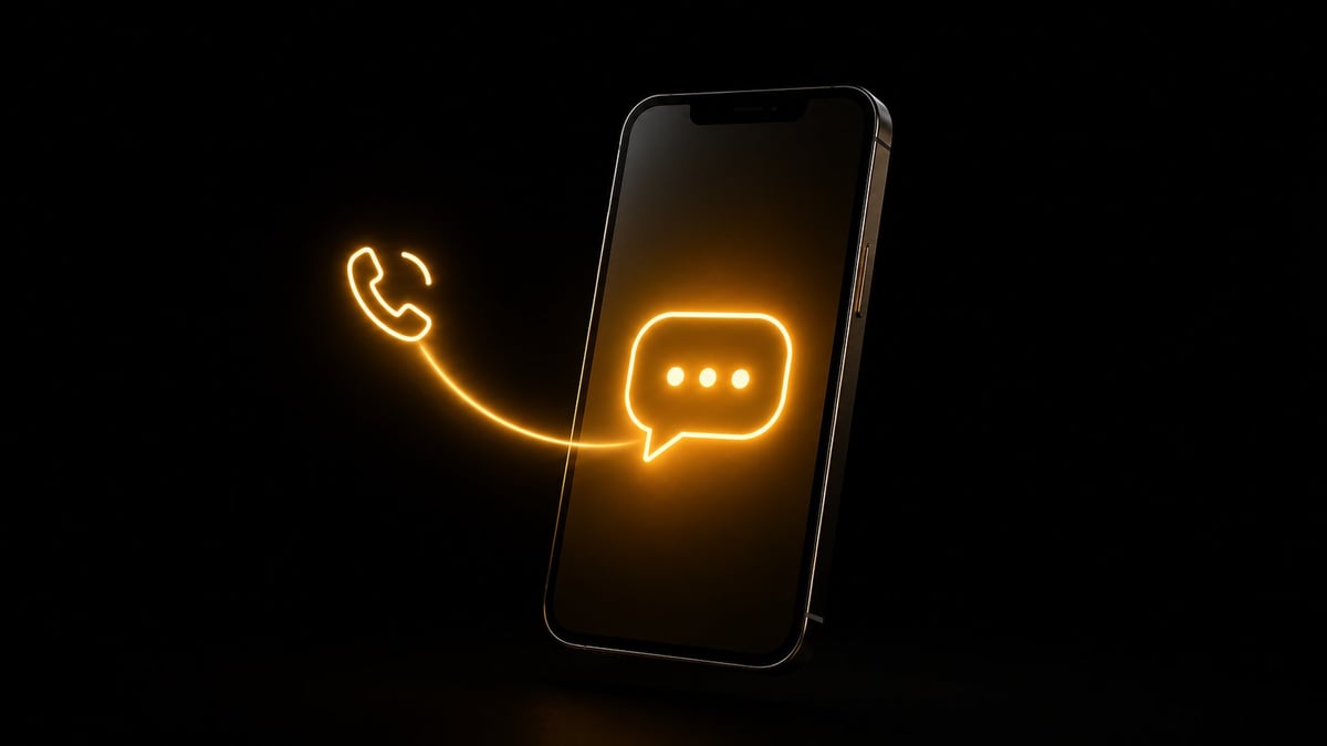 Smartphone with glowing neon yellow phone call and message icons on black background