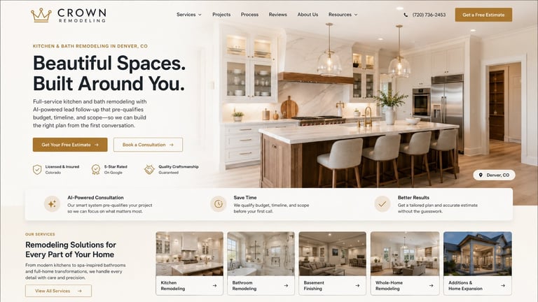 Crown home remodeling website homepage showing a modern kitchen with island and cabinetry design services